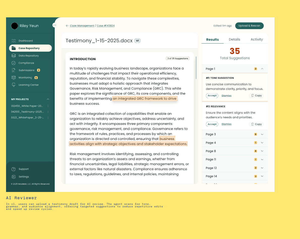 AI reviewer screen with 35 total suggestions