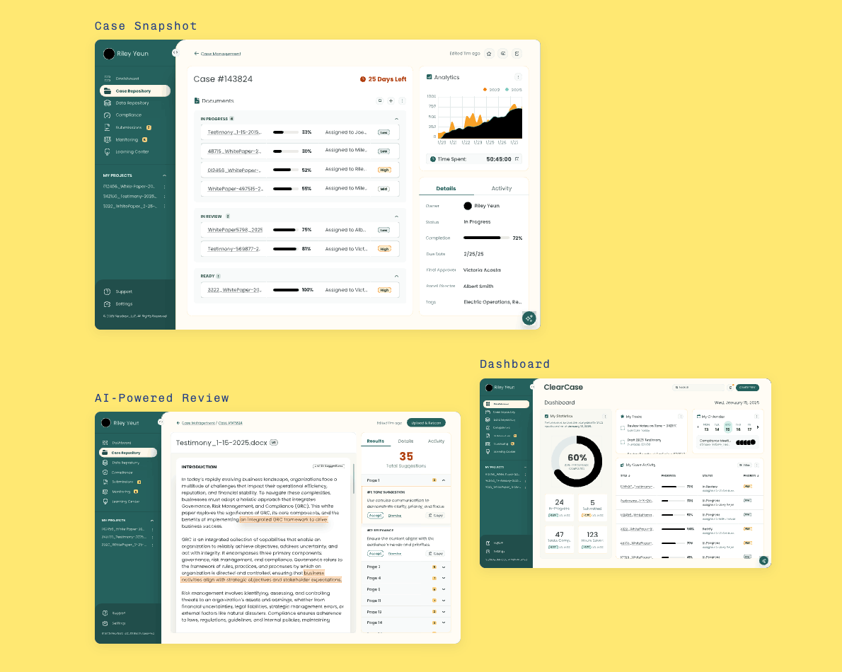 Case snapshot, AI-powered review, and dashboard screens