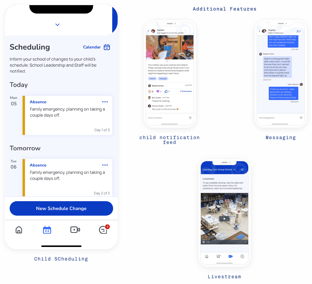 Child scheduling screen with additional features: notification feed, messaging, livestream